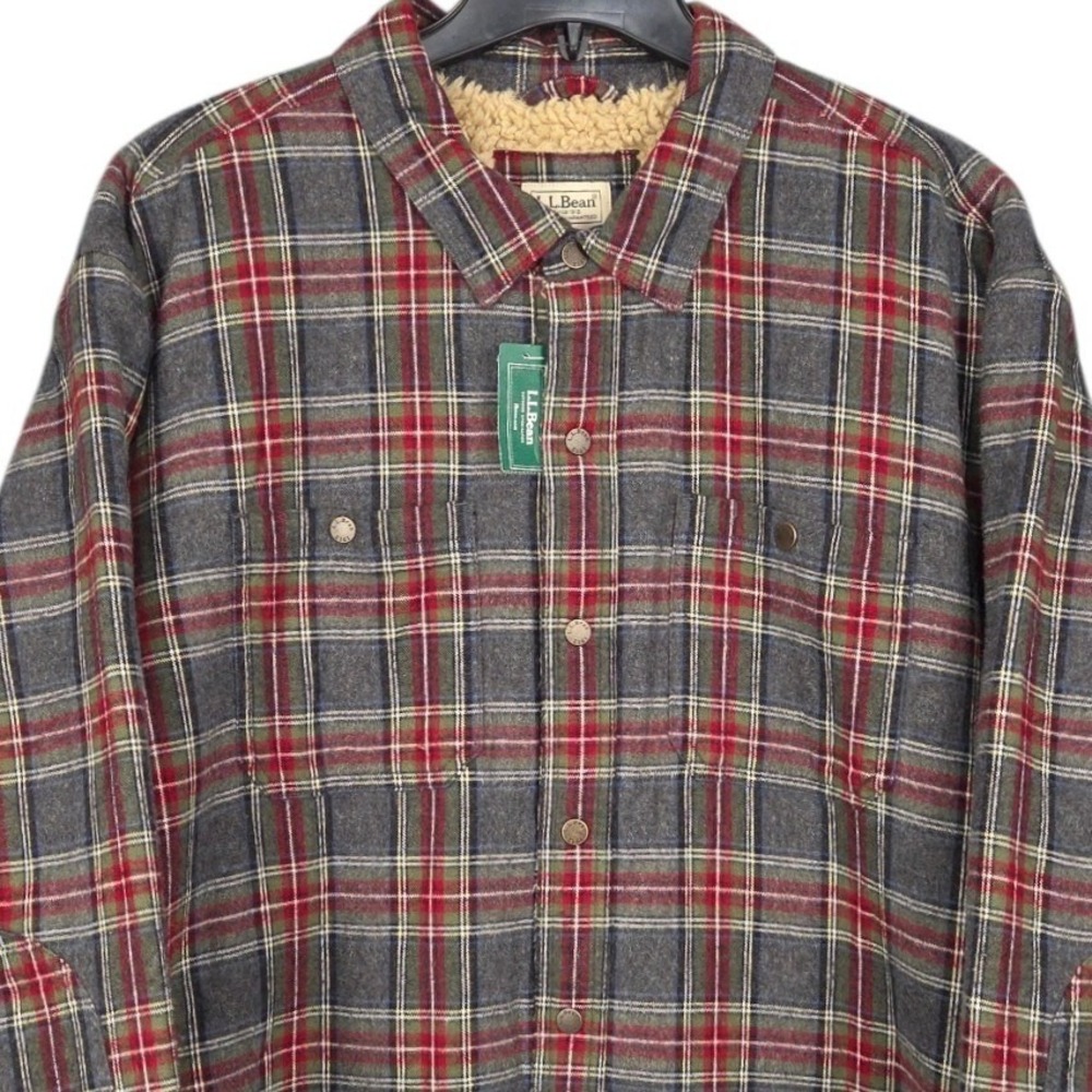 LL Bean Sherpa Lined Shirt Jacket Mens XXL Gray Red Plaid Flannel Shacket NWT